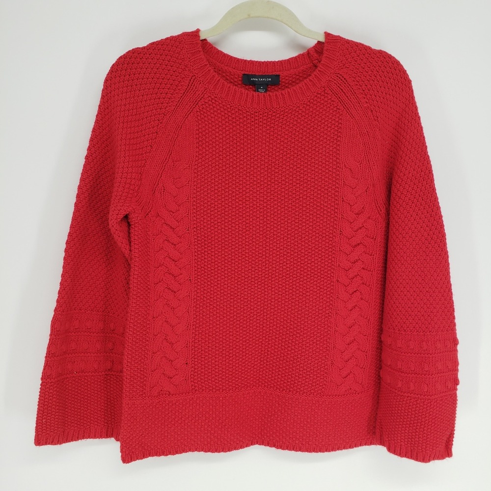 Ann Taylor Cable Knit Mixed Stitch Sweater Women Size M Red Raglan Sleeve Cotton
